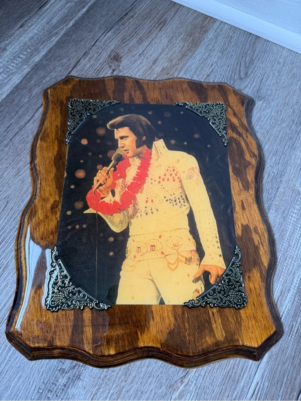 VTG Elvis Gold Wood Framed Wall Plaque Decor Music Decor